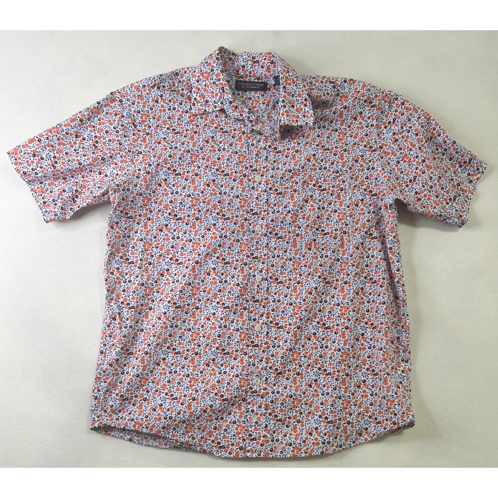 Roundtree & Yorke Mens Medium Floral Berry Print Cotton Short Sleeve Button Down